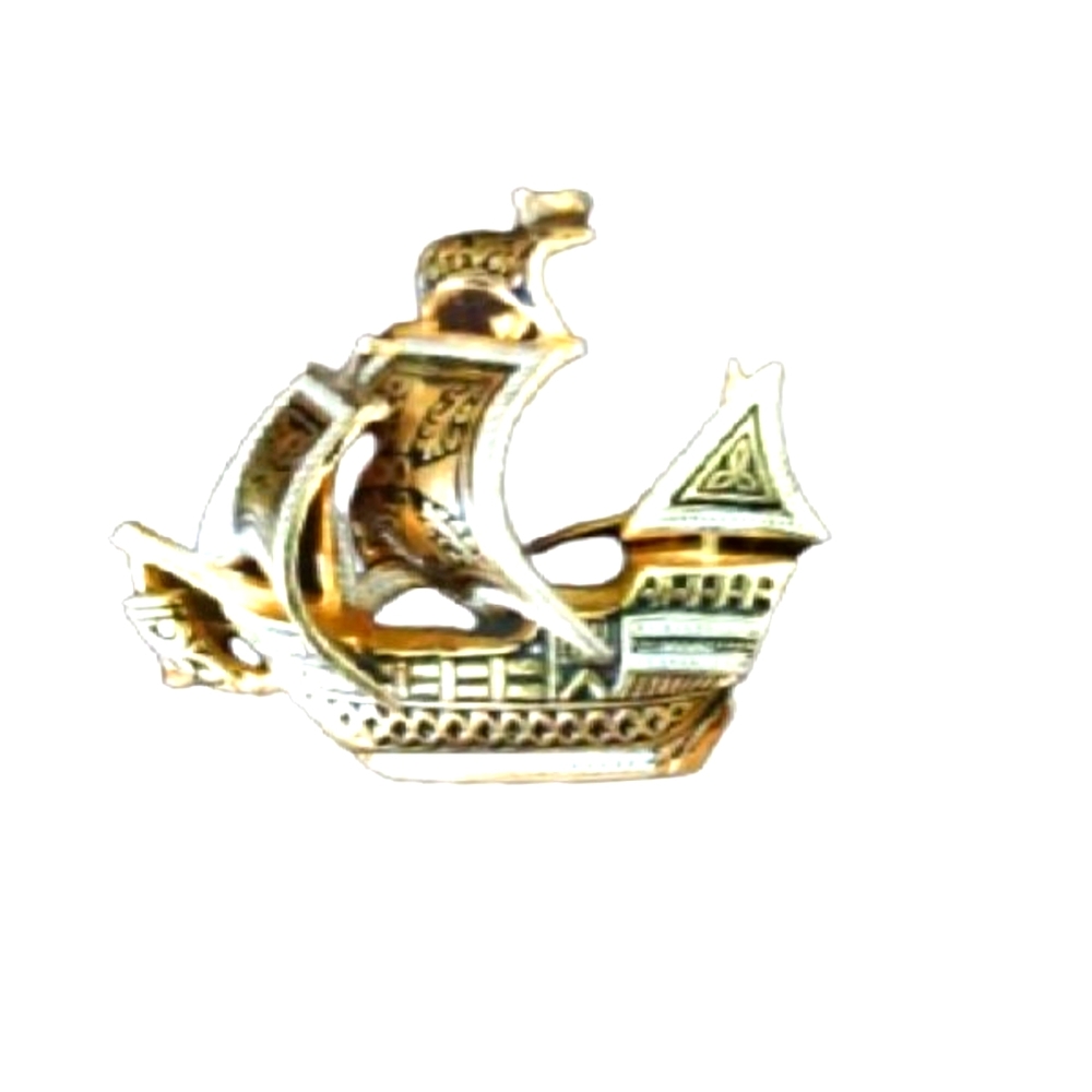 Damascene Ship Brooch Signed Spain
